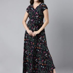 Polygeorgette Navy Blue & Pink Floral Printed Maxi Dress