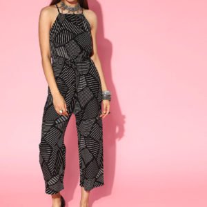 Black Striped Cropped Jumpsuit