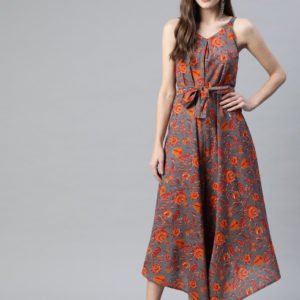 Grey & Orange Ethnic Motifs Printed Cotton Asymmetric Basic Jumpsuit with Belt
