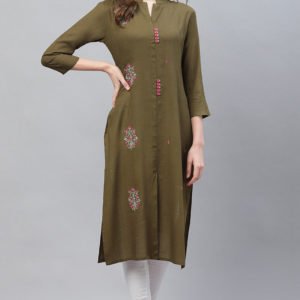 Casual Wear Cotton Fabric Mehandi Green Color Embroidery Work Trendy Kurti