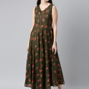 Pure Cotton Green Floral Maxi Dress