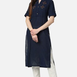 Navy Blue Orange Embroidered Yoke Design Cotton Indigo Straight Kurta