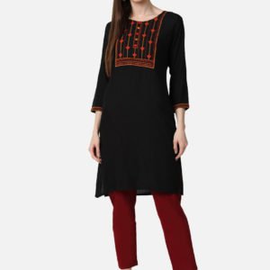 Black Orange Cotton Yoke Design Embroidered Straight Kurta