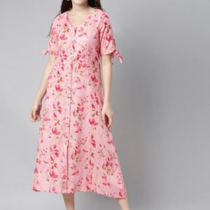 Pink & Brown Printed A-Line Dress