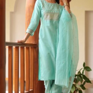 Sea Green Solid Embroidered Kurti Trousers With Dupatta