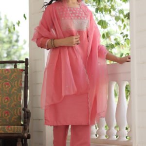 Pink Solid Embroidered Kurti Trousers With Dupatta