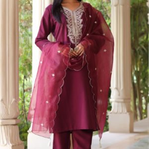 Purple Embroidered Kurta with Trousers & With Dupatta