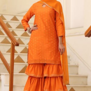 Orange Woven Design Kurti Sharara With Dupatta