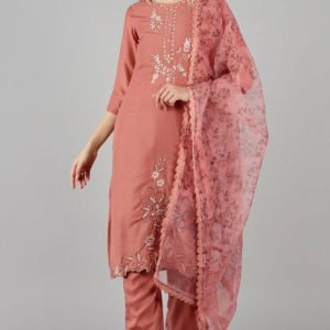 Peach Floral Embroidered Kurta with Trousers Dupatta