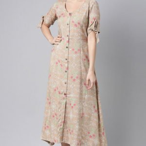 Pure Cotton Brown & Pink Floral Print A-Line Midi Dress