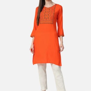 Orange Blue Yoke Design Cotton Straight Kurta