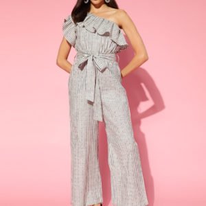 White Striped Basic Jumpsuit with Ruffles