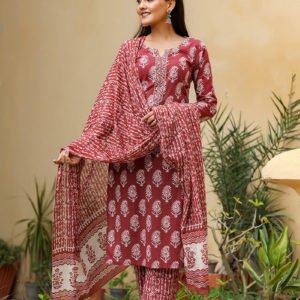 Maroon White Cotton Fabric Printed Fancy Kurta And Palazzo