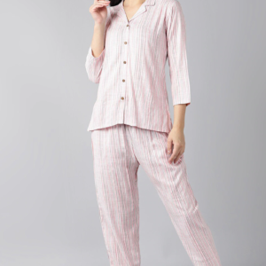 Pink Pure Cotton Striped Night Suit