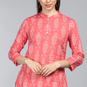 Print Mandarin Collar Shirt Style Longline Top