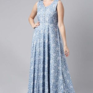 Pure Cotton Blue & White Floral Printed Maxi Dress