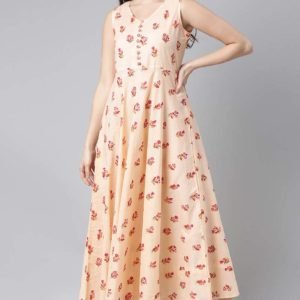 Pure Cotton Peach Floral Printed Maxi Dress