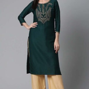 Teal Green Foil Printed Straight Kurta With Sequins Work
