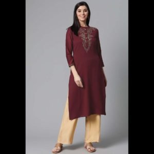 Magenta Yoke Design Embroidered Straight Kurta