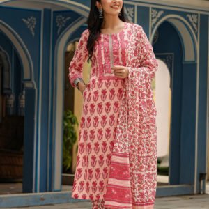 Cotton Pink Floral Printed Straight Kurta Pant Dupatta Set