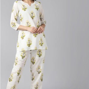 Off White Pure Cotton Printed Night Suit