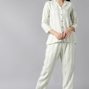 White Green Pure Cotton Printed Night Suit