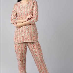Beige Red Pure Cotton Printed Night Suit