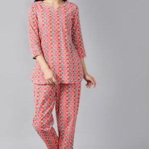 Red Grey Printed Pure Cotton Night Suit