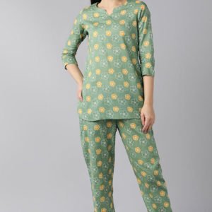 Green Pure Cotton Printed Night Suit