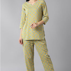 Teal Blue Yellow Printed Pure Cotton Night Suit