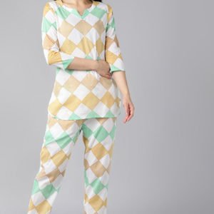 White Green Printed Pure Cotton Night Suit