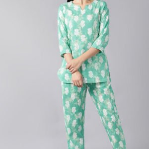 Sea Green Off White Printed Pure Cotton Night Suit
