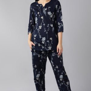 Navy Blue Pure Cotton Printed Night Suit