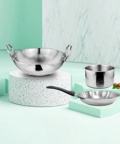 3 PCS Stainless Steel Heavy Weight Hammered Cookware Set (Kadhai - 28cm, Patila - 20cm, Fry Pan - 20 cm)