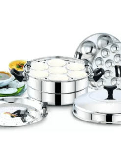 DIAMOND by Mahavir Stainless Steel Multi Steamer Pot- 2 Idli Plates (14 Idlis), 1 Mini Idli Plate (20 Mini Idlis) and 1 Multi Purpose Steamer/Idiyappam Steamer Plate (Induction Compatible) Cookware Set (Steel, 1 - Piece)