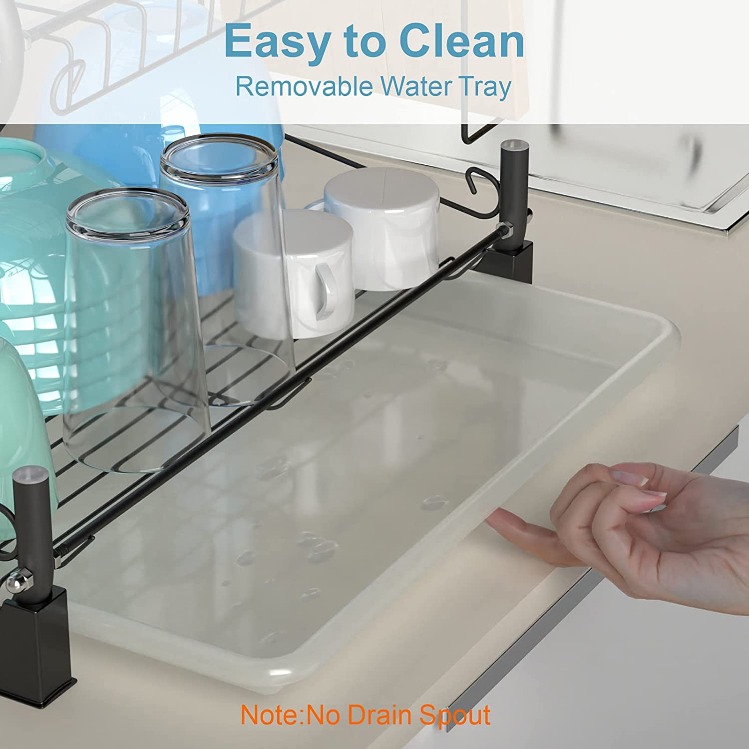 Dish Drying Rack, Packism 2 Tier Dish Rack with Utensil Holder, Cutting Board Holder and Dish Drainer for Kitchen Counter Top Racks of Dishes, Black - Image 3