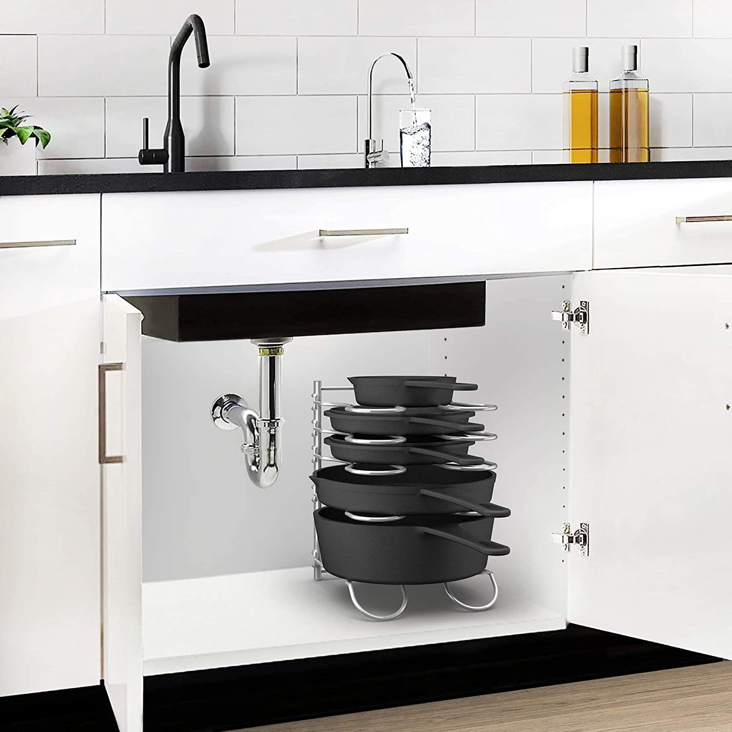 CAXXA Heavy Duty Pan Rack, Pot Lid Rack, Kitchen Cabinet Pantry Cookware Organizer Rack Holder | 5 Adjustable Dividers, Chrome - Image 2