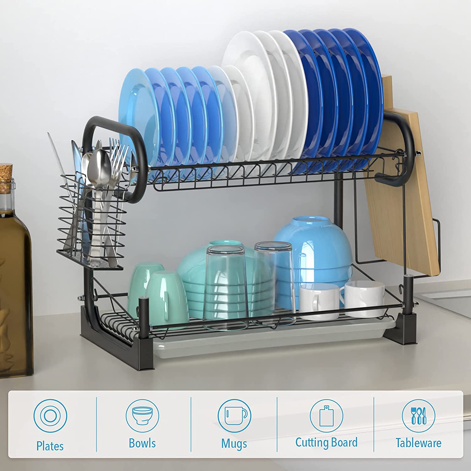 Dish Drying Rack, Packism 2 Tier Dish Rack with Utensil Holder, Cutting Board Holder and Dish Drainer for Kitchen Counter Top Racks of Dishes, Black - Image 6