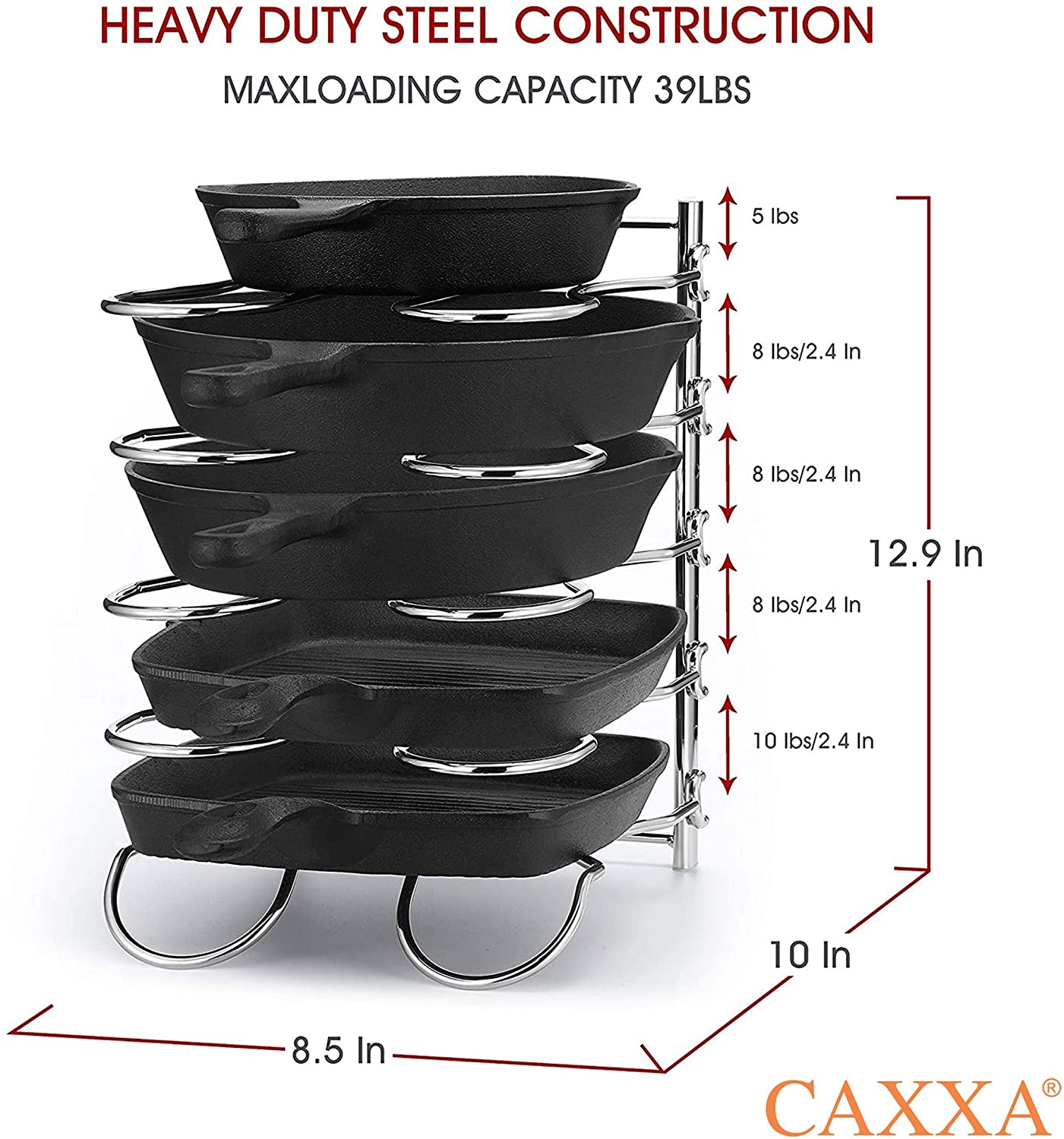 CAXXA Heavy Duty Pan Rack, Pot Lid Rack, Kitchen Cabinet Pantry Cookware Organizer Rack Holder | 5 Adjustable Dividers, Chrome - Image 9