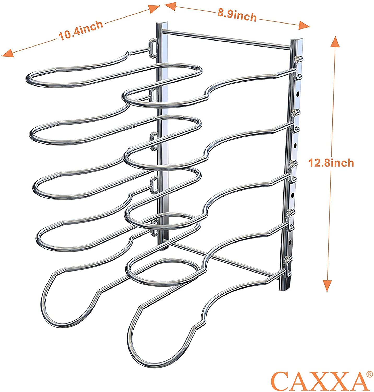 CAXXA Heavy Duty Pan Rack, Pot Lid Rack, Kitchen Cabinet Pantry Cookware Organizer Rack Holder | 5 Adjustable Dividers, Chrome - Image 7