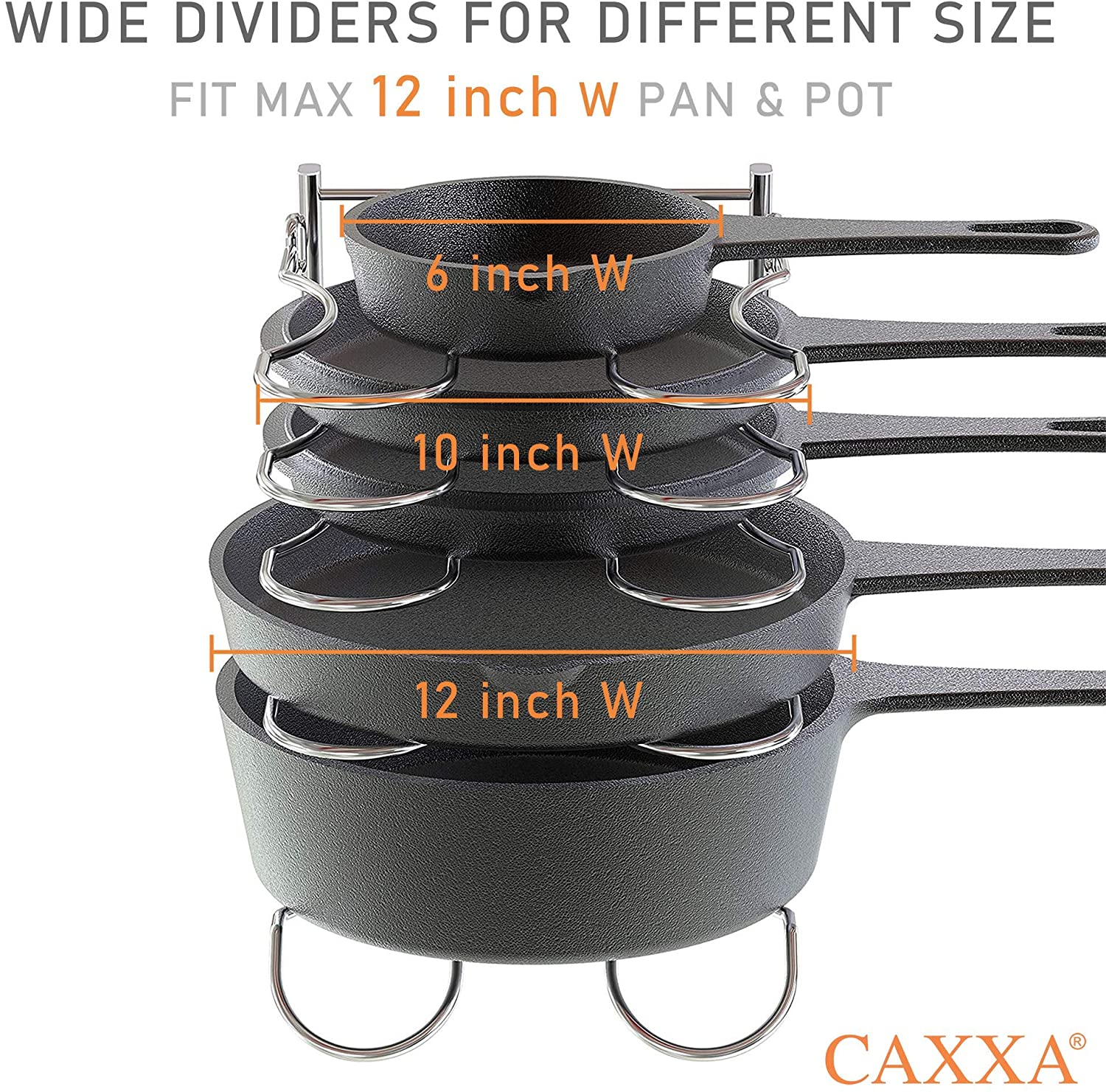 CAXXA Heavy Duty Pan Rack, Pot Lid Rack, Kitchen Cabinet Pantry Cookware Organizer Rack Holder | 5 Adjustable Dividers, Chrome - Image 6