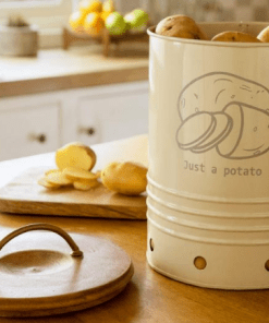 egg shell metal potato storage bin with wooden lid