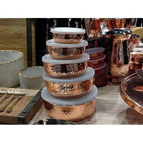 5 Piece Hammered Copper Plated Stackable Storage Bowl Set with Lids by Top Shelf - Image 2
