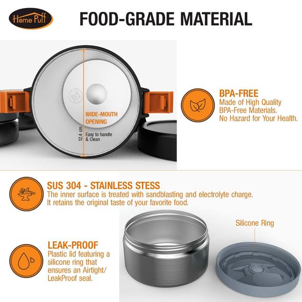 Home Puff Lunch Box Stainless Steel Vacuum Insulated, with Bag, 2.0L, 3 Containers, Grey - Image 9