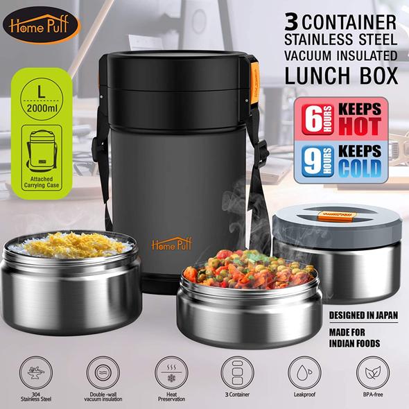 Home Puff Lunch Box Stainless Steel Vacuum Insulated, with Bag, 2.0L, 3 Containers, Grey - Image 6
