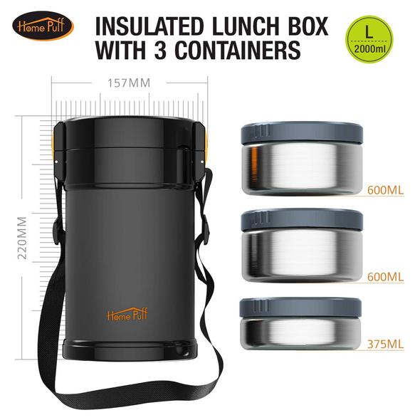 Home Puff Lunch Box Stainless Steel Vacuum Insulated, with Bag, 2.0L, 3 Containers, Grey - Image 3