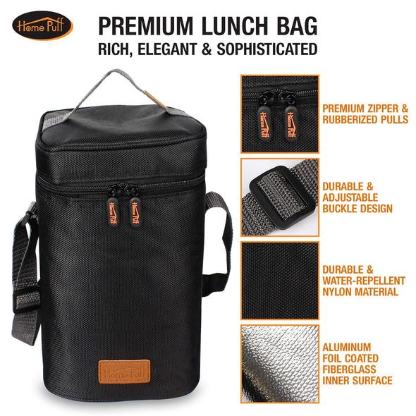 Home Puff Lunch Box Stainless Steel Vacuum Insulated, with Bag, 2.0L, 3 Containers, Grey - Image 2